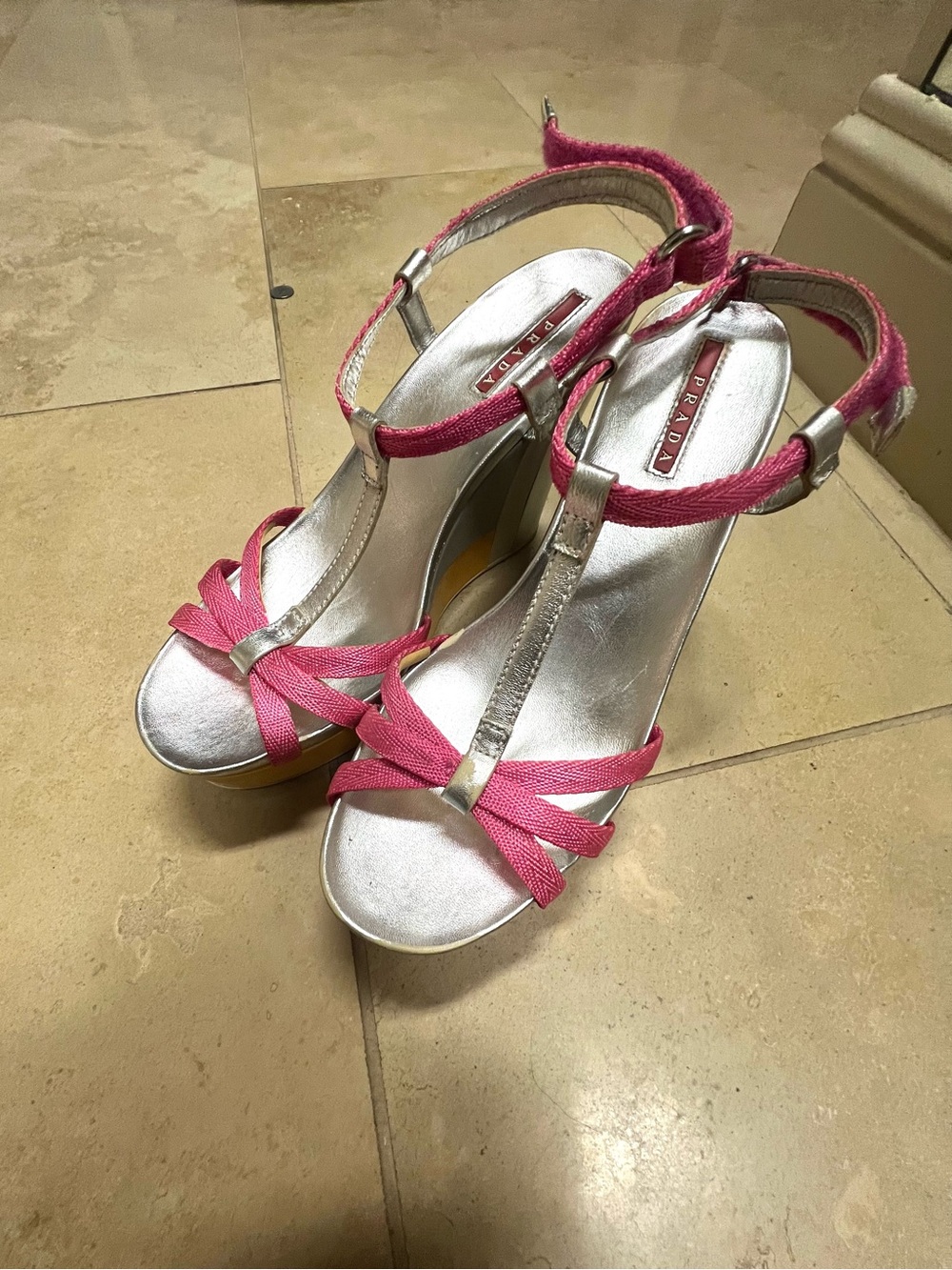 Prada Pink and Silver T-Strap High Heel Sandals